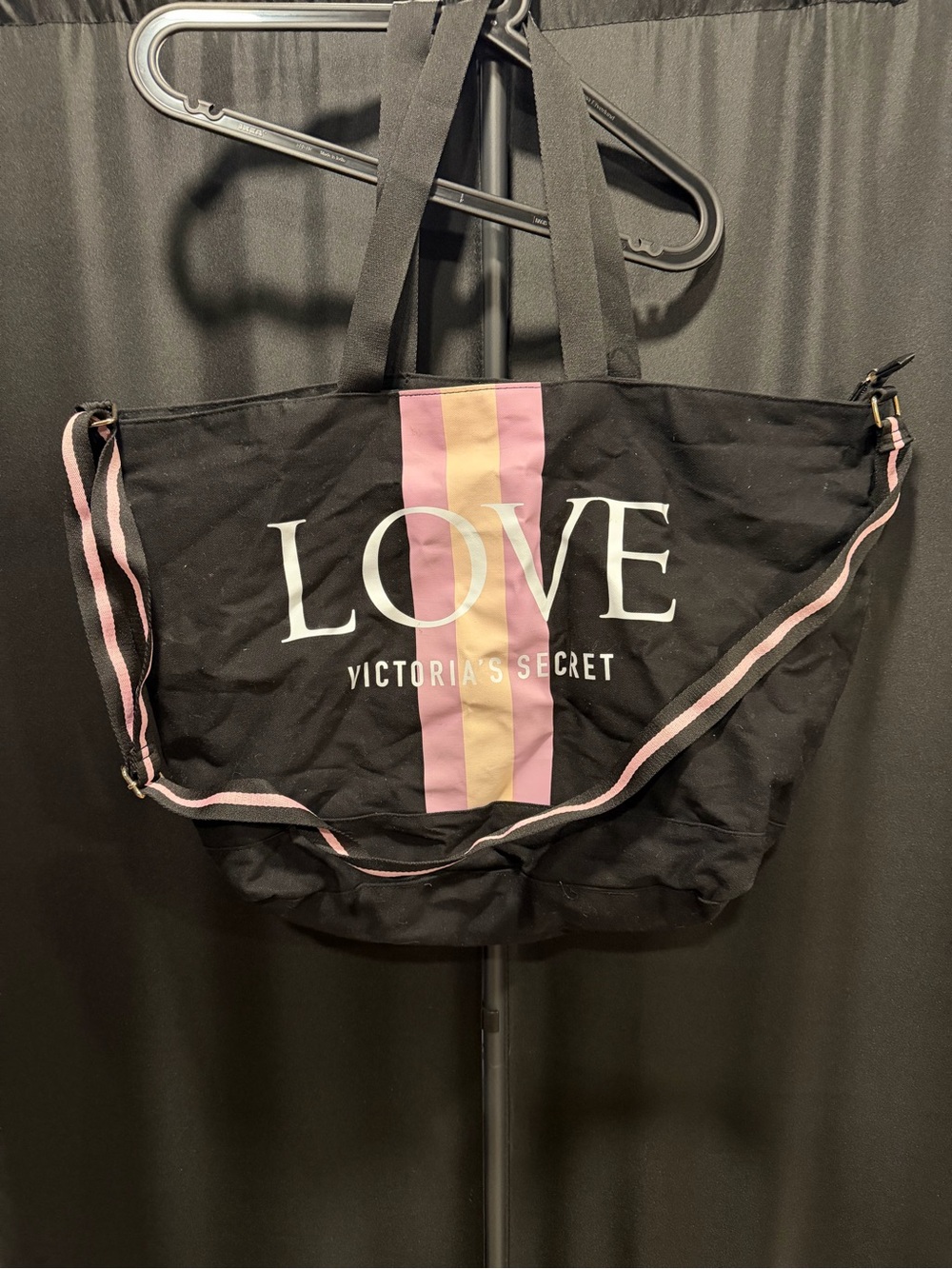 Victoria's Secret Black Canvas LOVE Tote with Pink & Cream Stripes